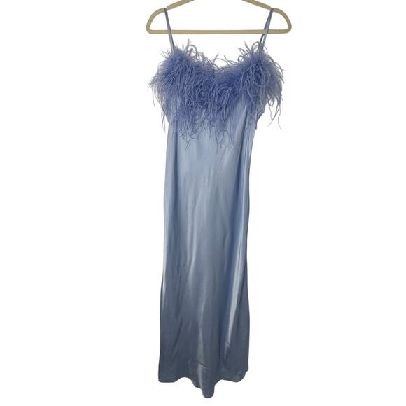 NEW Sleeper Boheme Feather Slip Dress Blue Satin Midi Size M Ostrich Versatile - Picture 2 of 11